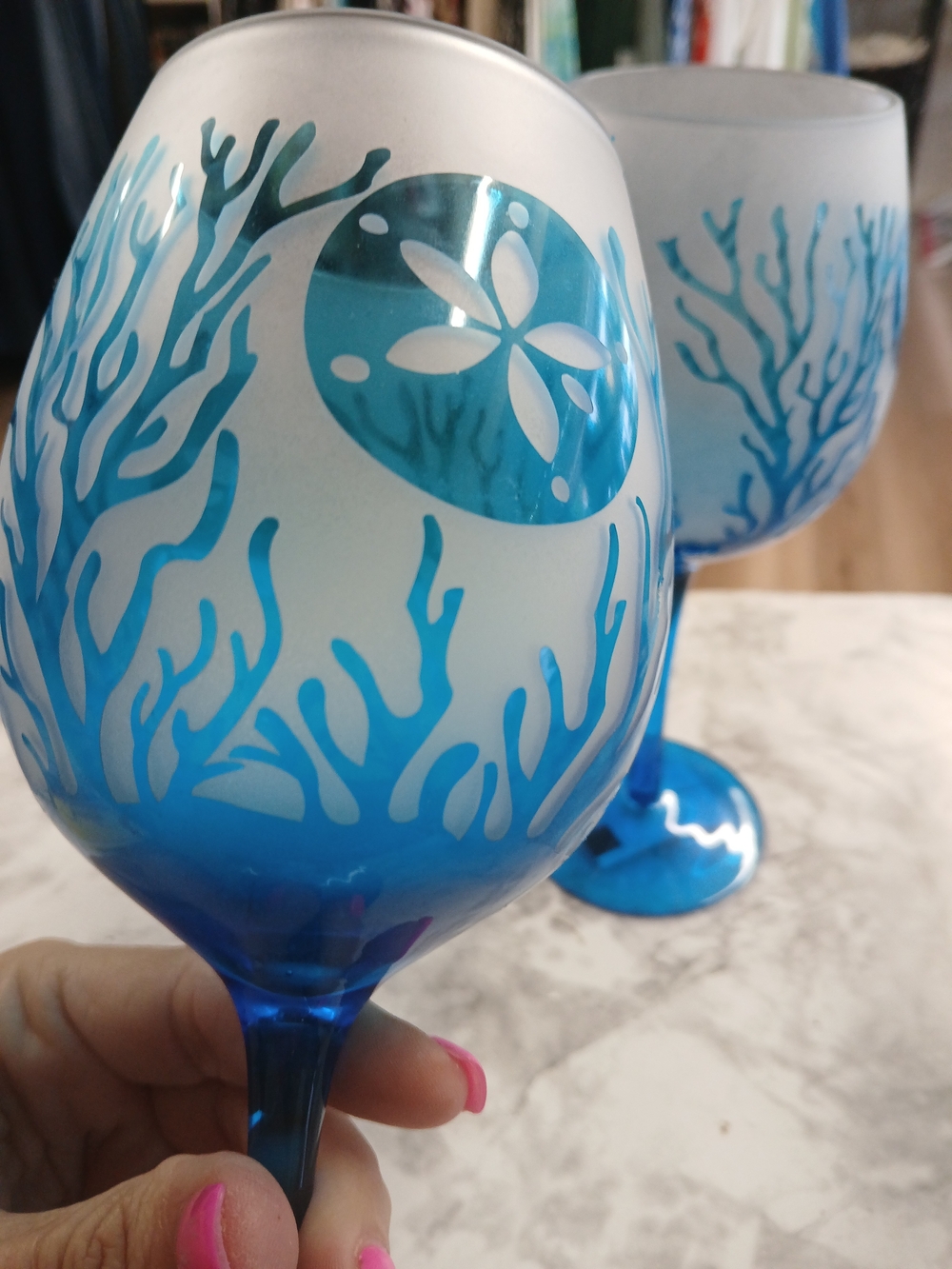 Blue Coral-Print Stemmed Wine Glasses - Set of 2 - Picture 4 of 7